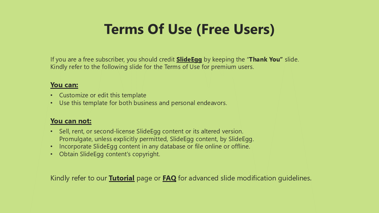 Centered black title with bullet points explaining usage rights, highlighted key phrases, and links, on a pastel green slide.