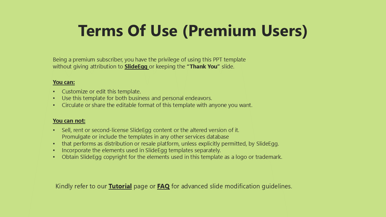 Green background with bold black text displaying terms of use, bullet points, and underlined links for tutorials and FAQs.