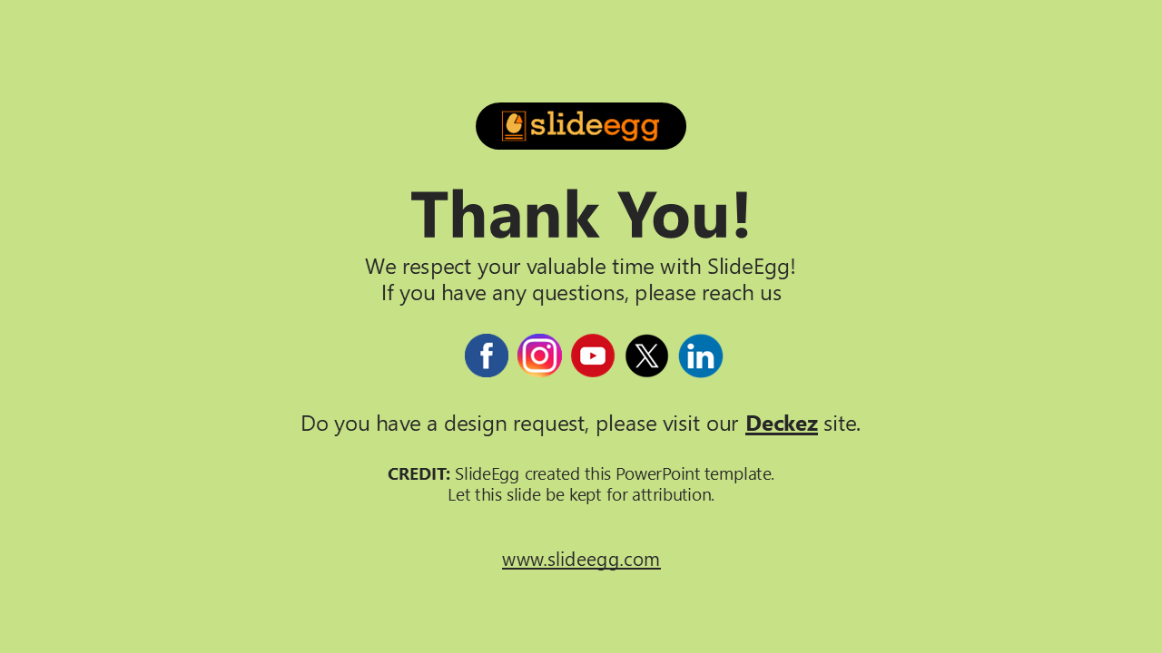 Thank you slide with text, a black rounded rectangle logo on top, and colorful social icons on a pastel green background.