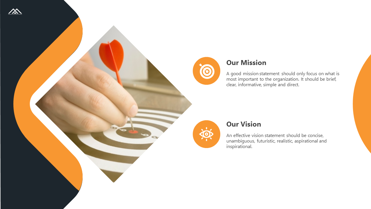 Slide with curved orange and black shapes featuring a hand placing a dart on a target and two mission and vision icons.