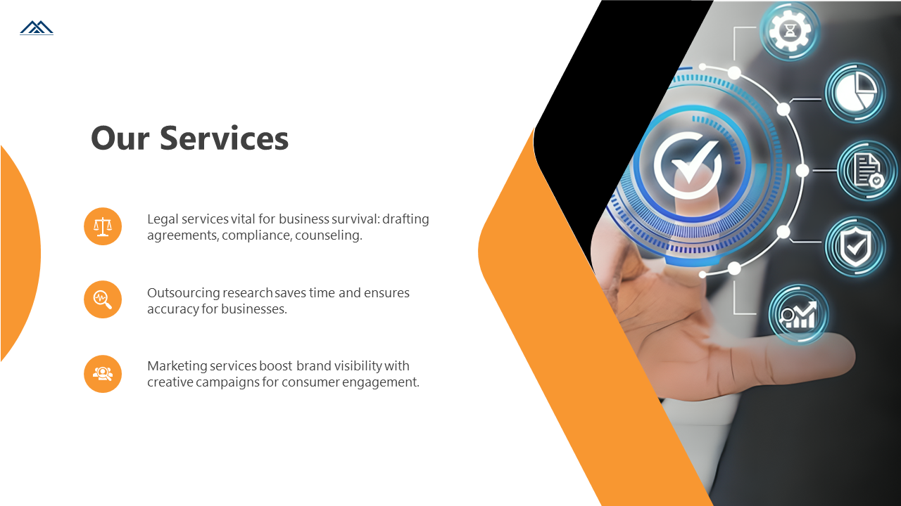 Services layout with orange curved shapes, three text section, and a glowing blue digital interface featuring icons.