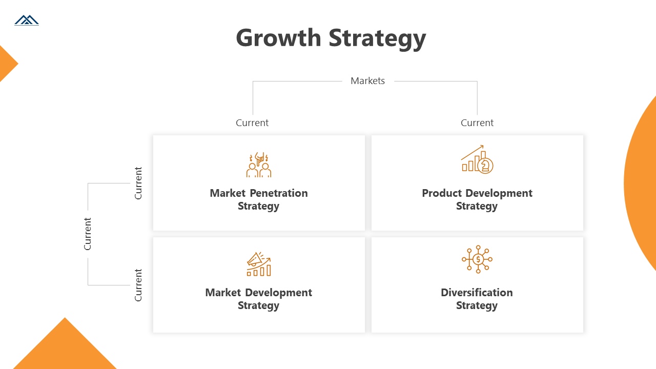 Slide with four white boxes, each containing an orange icon and bold text, illustrating different growth strategies.