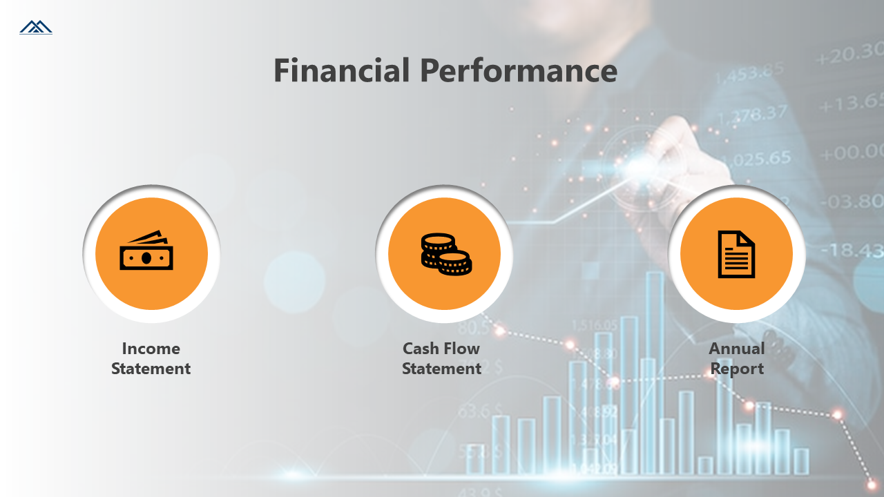 Financial slide featuring three orange circles with money themed icons, placed over a blue gradient with stock graphs.