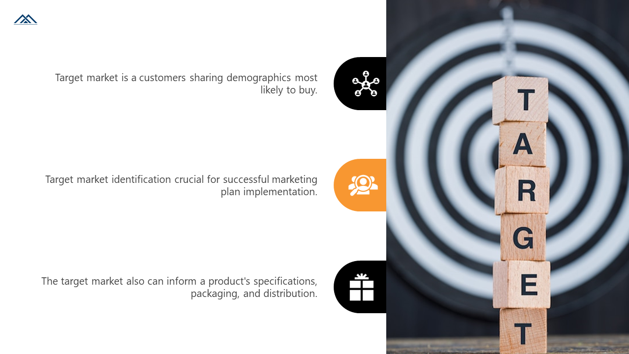 Marketing slide featuring three text with icons, and an image of stacked wooden target blocks in front of a bullseye.