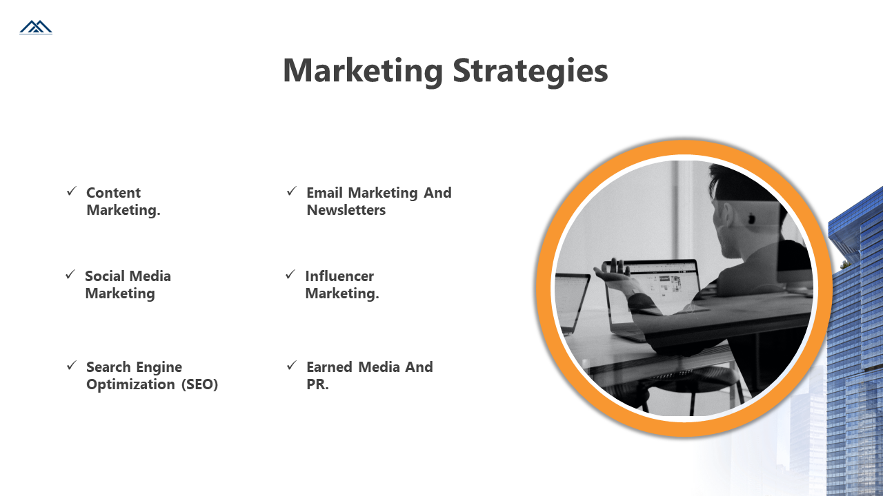 Slide featuring a black text list with checkmarks, and a right aligned circular image with an orange border.