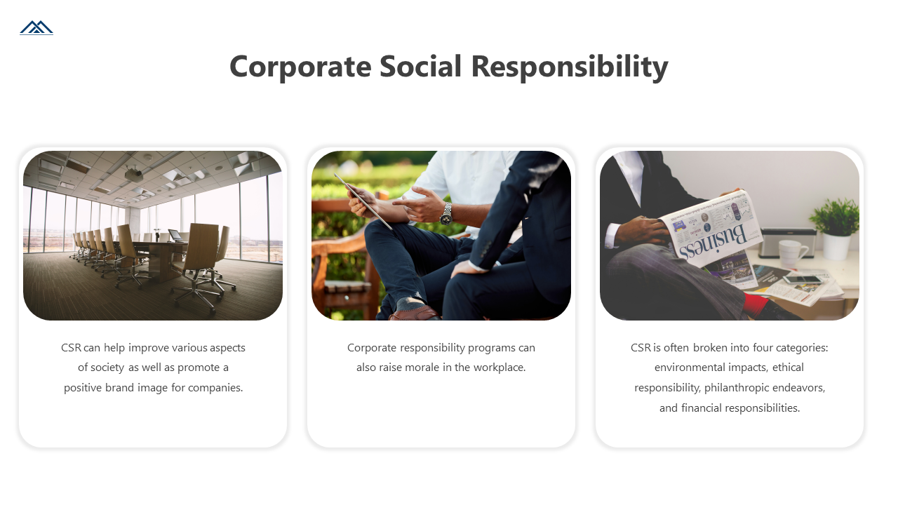 CSR slide featuring three images of meeting room, business discussion, and a person reading a newspaper, and texts below.