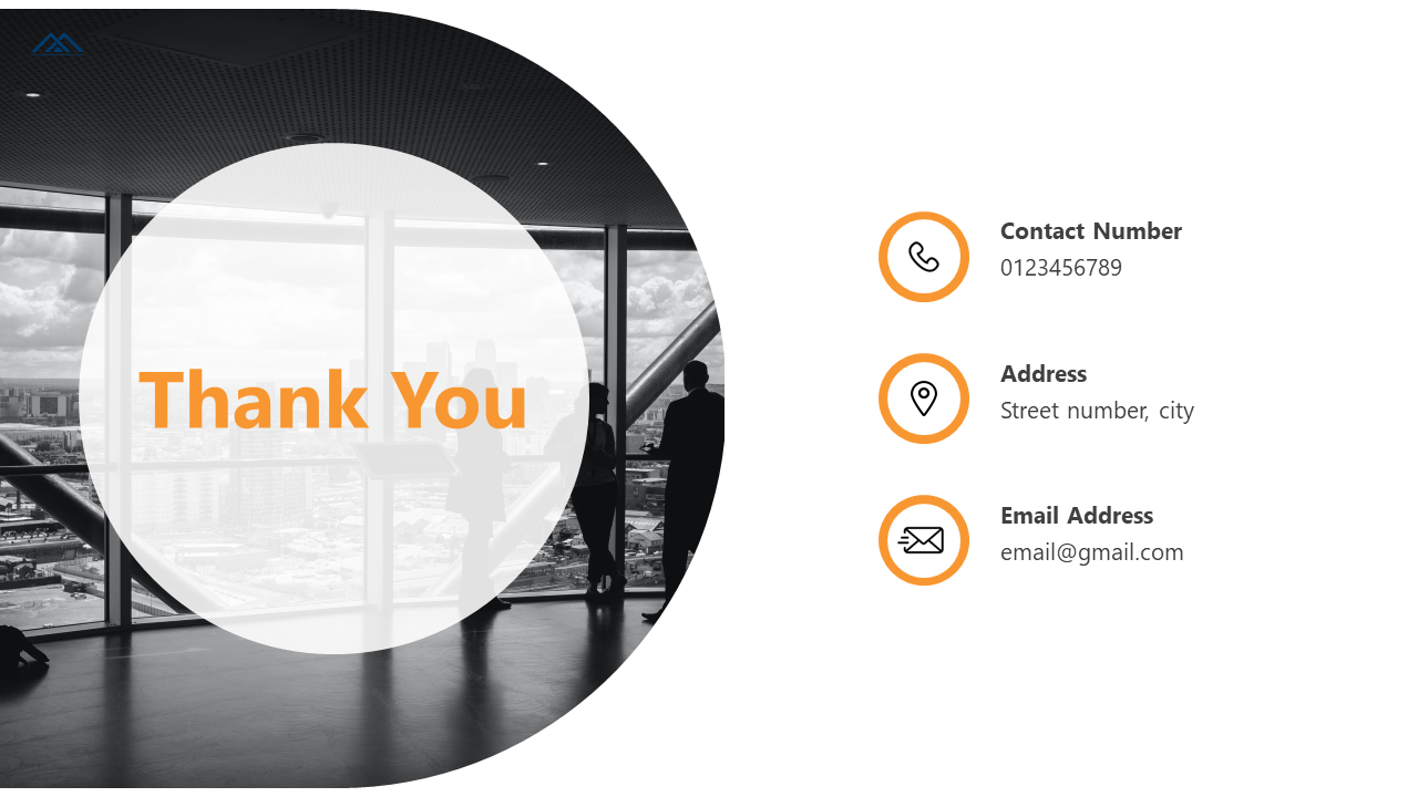 Thank you slide with a monochrome office background, a white circular overlay, and three orange contact details on the right.