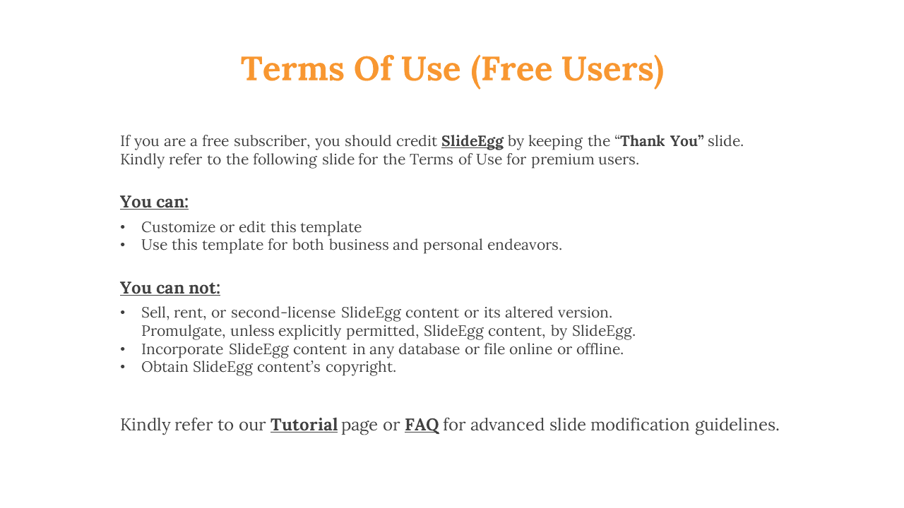 Centered text layout with an orange heading, black body text, and bullet points explaining usage rules for free users.