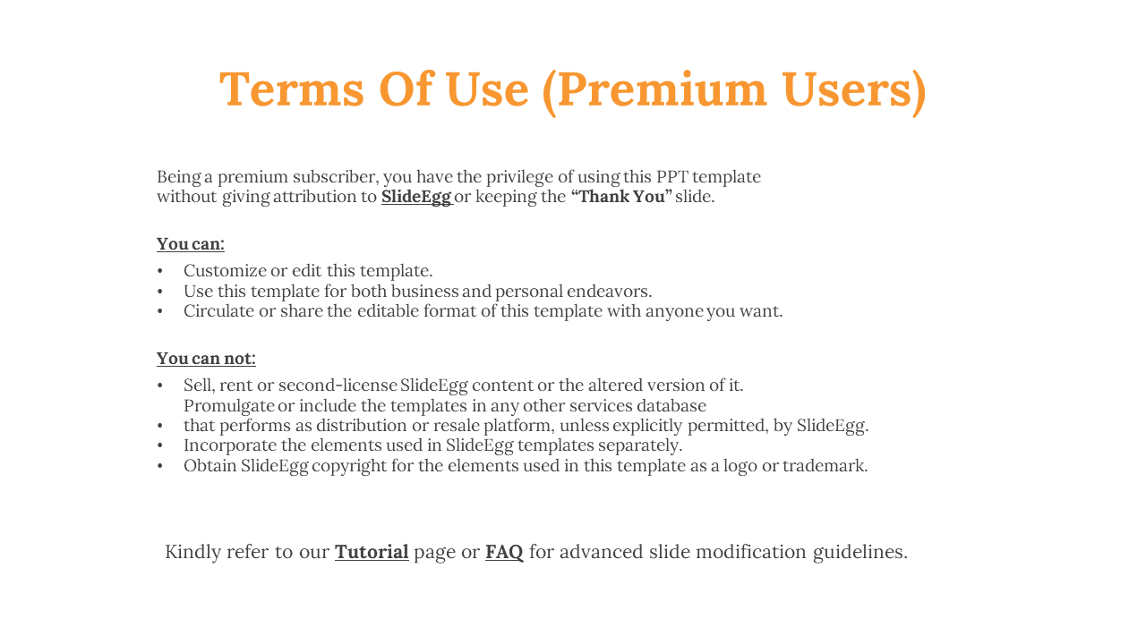 White background with an orange title, black text, and bullet points outlining terms of use for premium users.