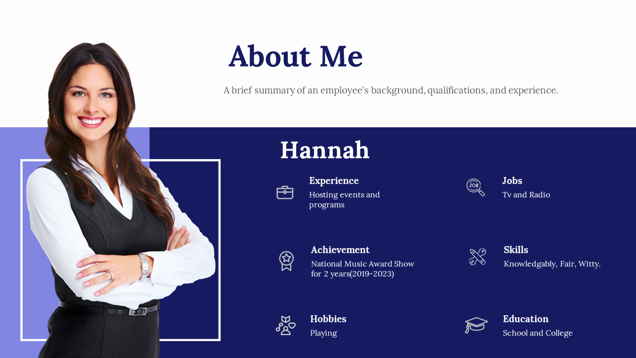 About me slide with a left aligned portrait, and structured white text detailing experience and skills, on a blue background.