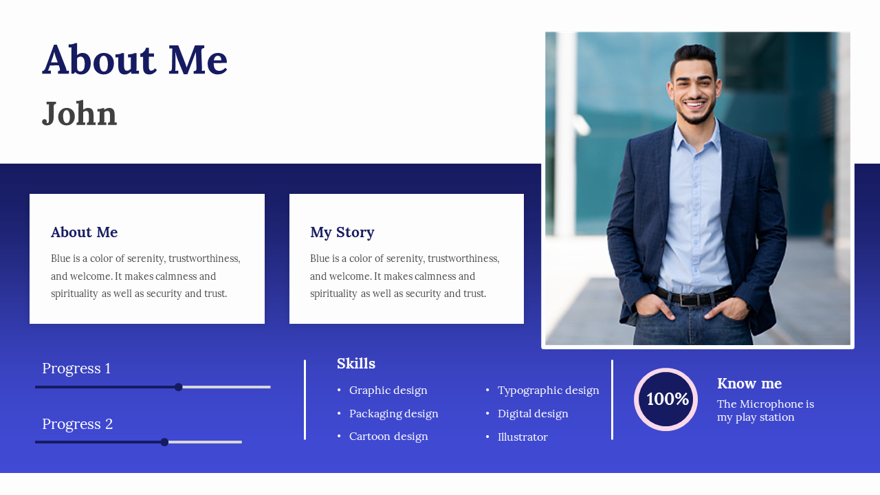 About me slide with a blue gradient theme, a right aligned portrait, and structured content boxes for biography and skills.