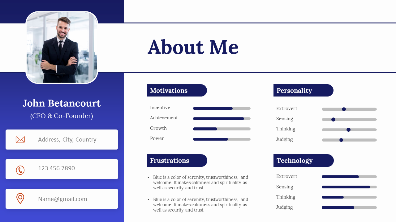 Profile slide with a bold title, a left aligned photo and contact info, and structured right sections with bar charts.