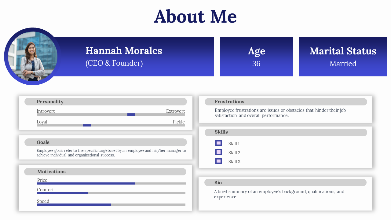 About me slide with a blue gradient header, a circular profile image, and multiple gray bordered info boxes.