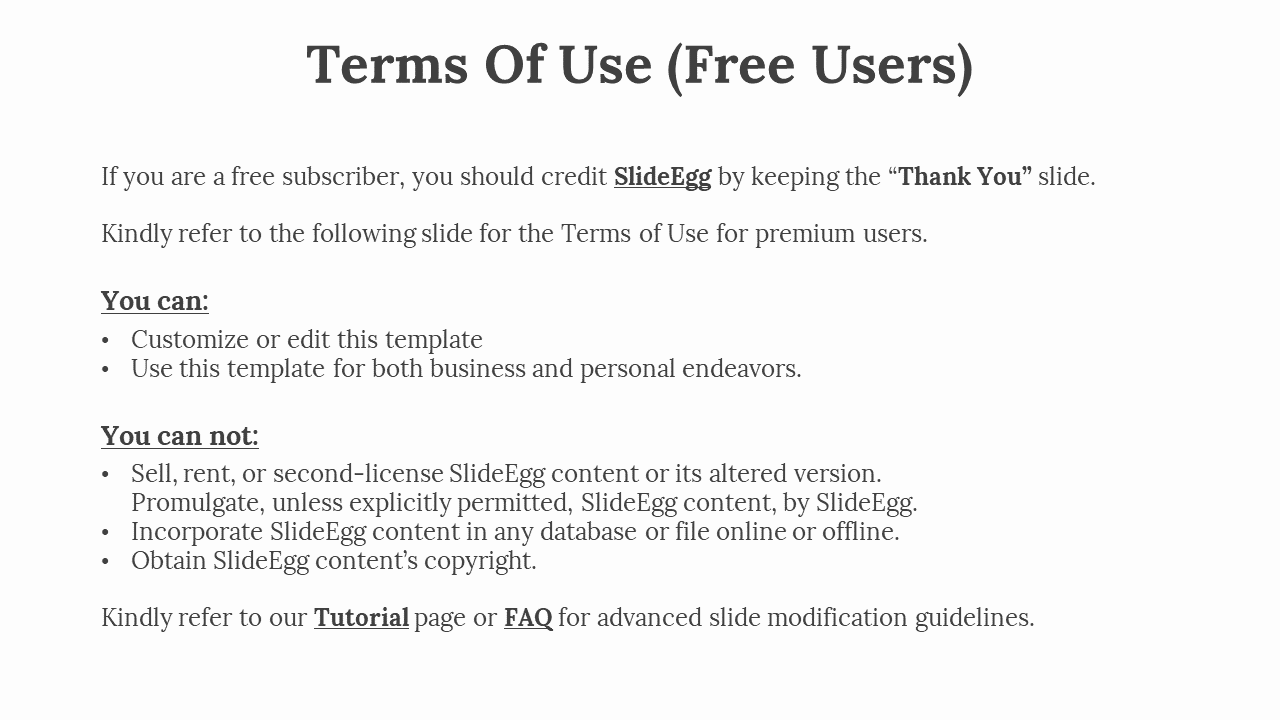 Professional terms of use slide with a white background, bold black title, bullet points, and underlined reference links.