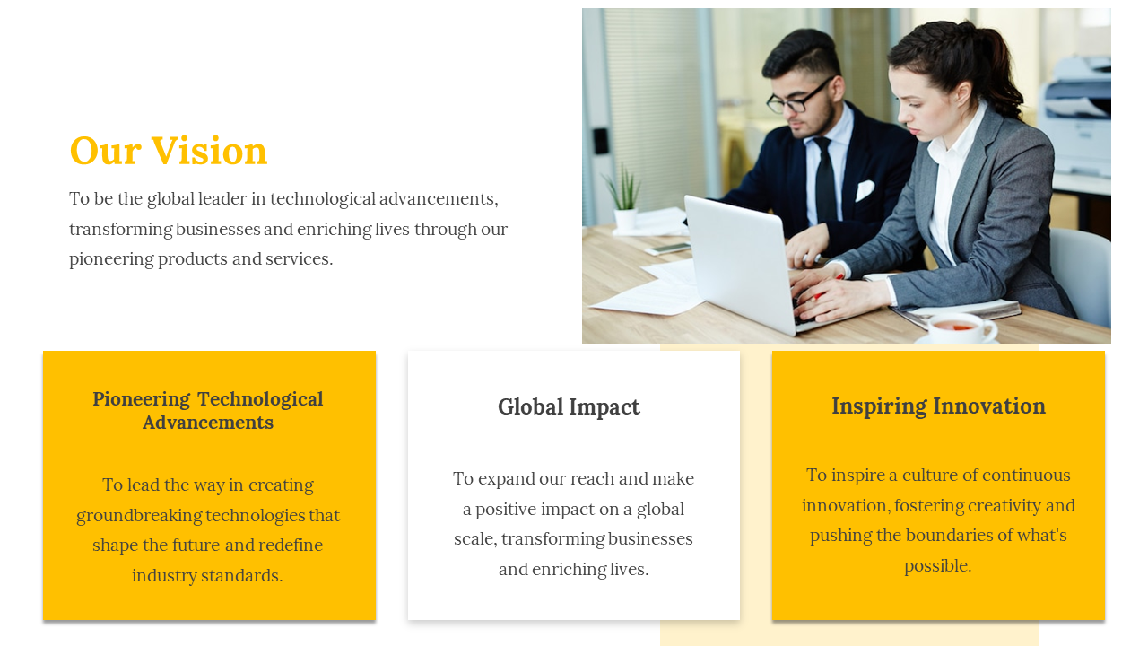 Vision slide featuring two executives collaborating on a laptop, with three highlighted text sections in yellow and white.