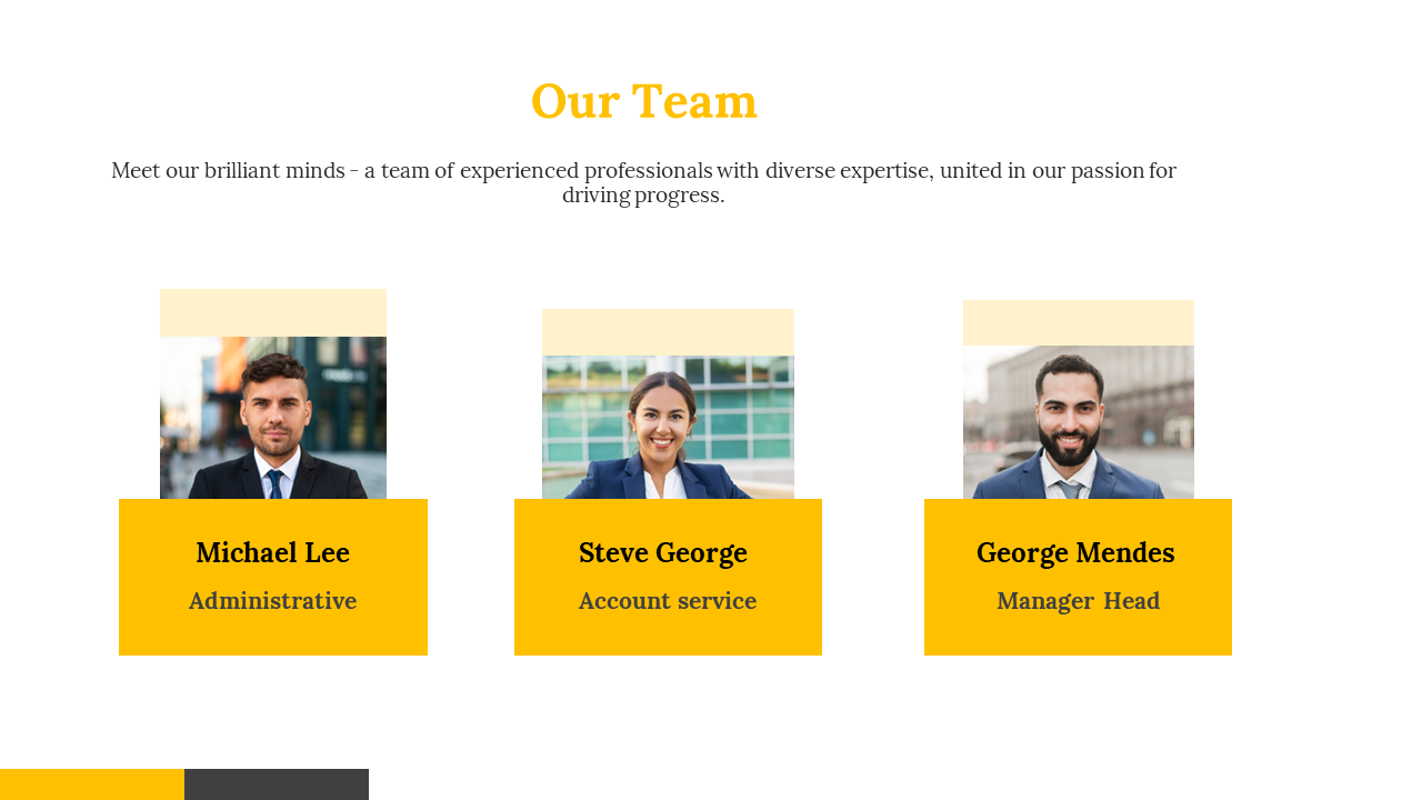 Our tam slide featuring three employees in formal attire with a clean, modern layout and yellow highlighted name tags.