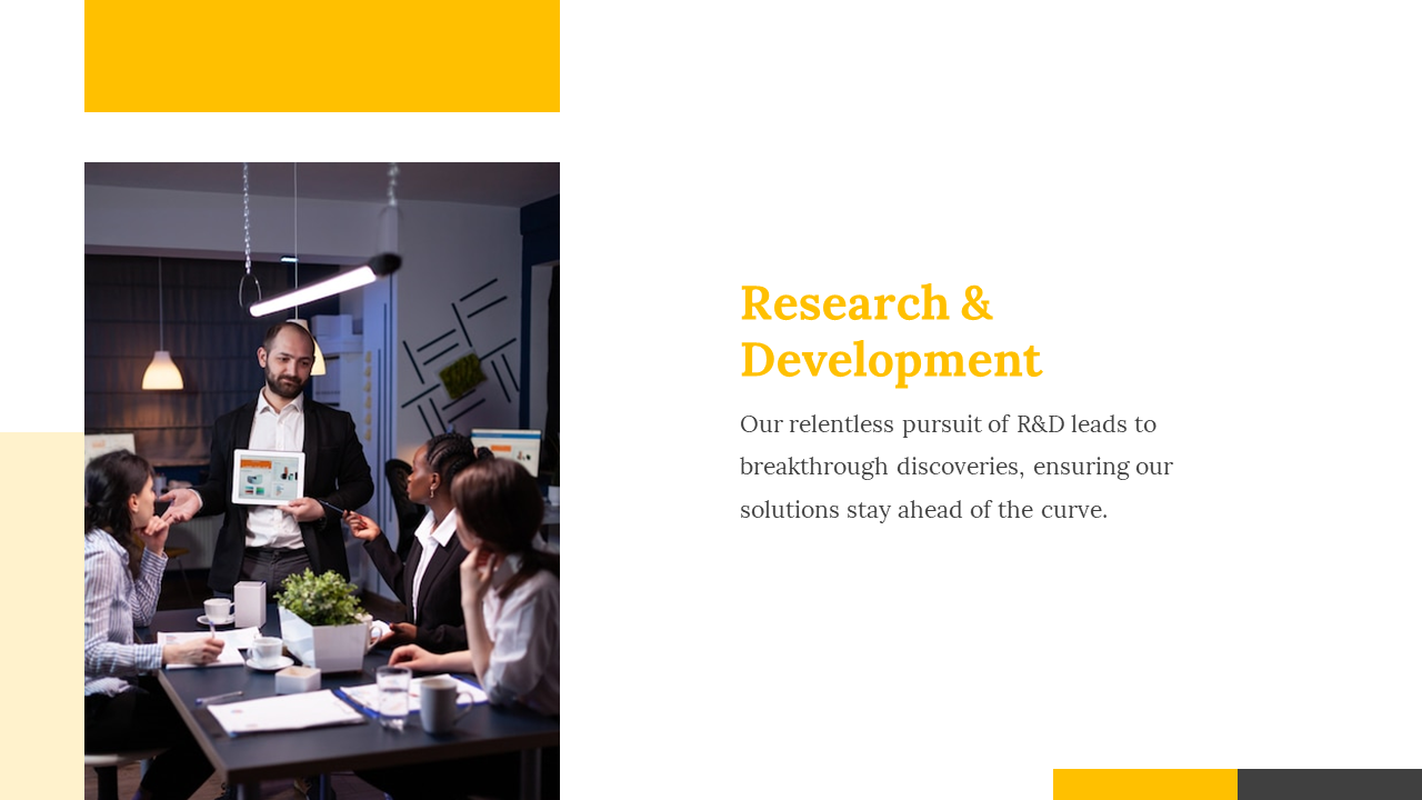 Research and development slide featuring a business meeting with a presenter holding a tablet displaying data insights.