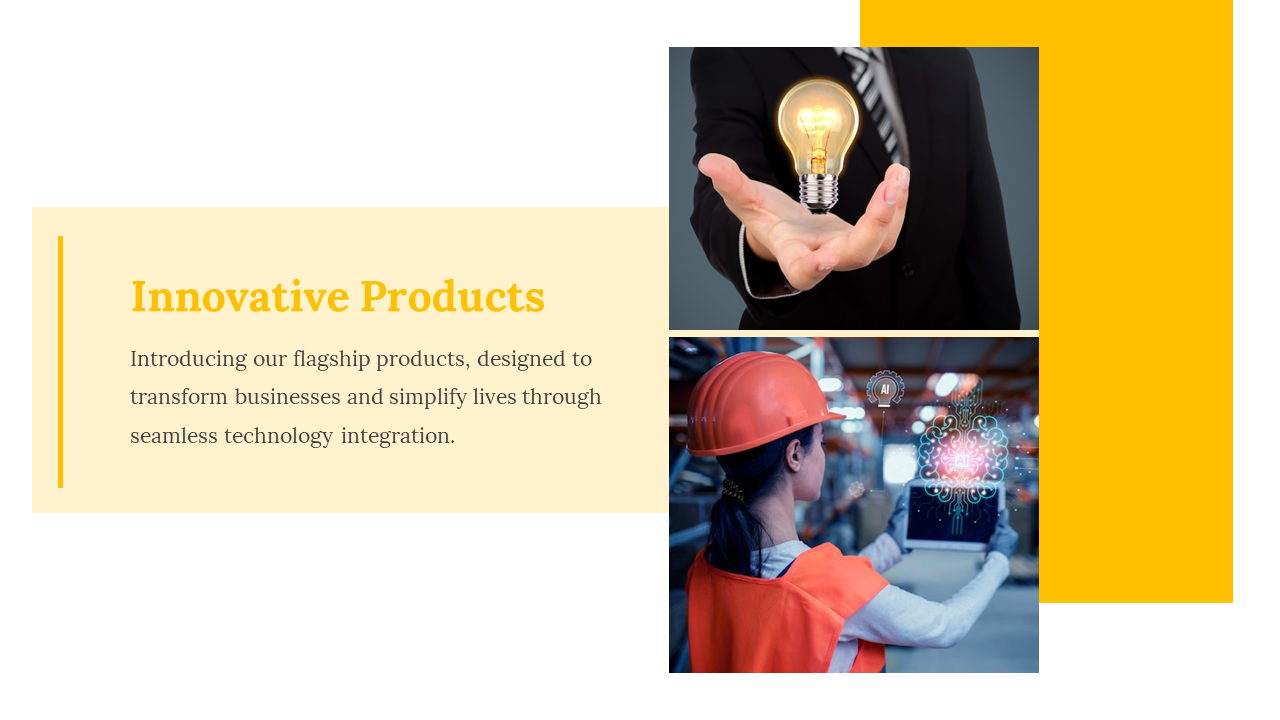 Slide showcasing innovation with a businessman holding a bulb and an engineer interacting with artificial intelligence.
