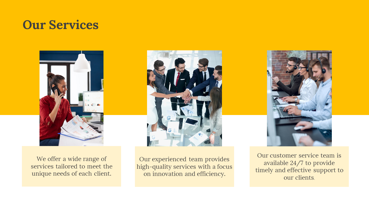 Services slide featuring three images of a woman on a phone with charts, a teamwork handshake, and a customer support team.