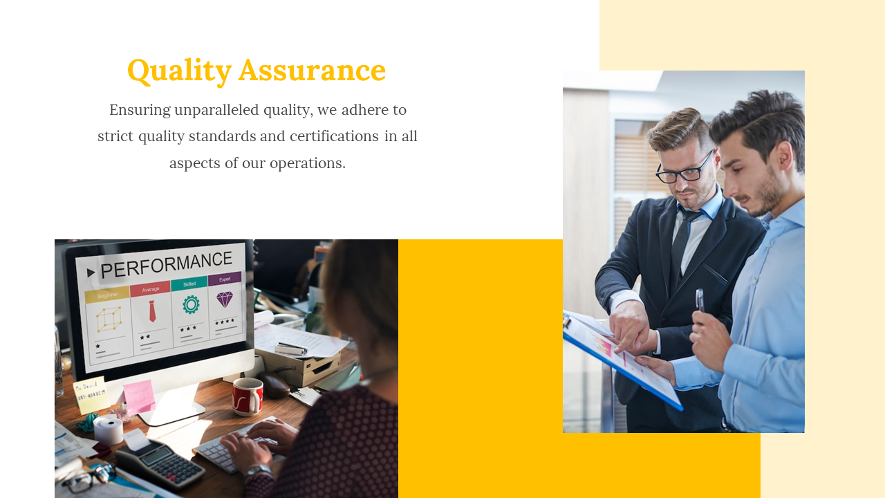 Quality assurance slide with a performance dashboard on a screen and two professionals reviewing data on a clipboard.