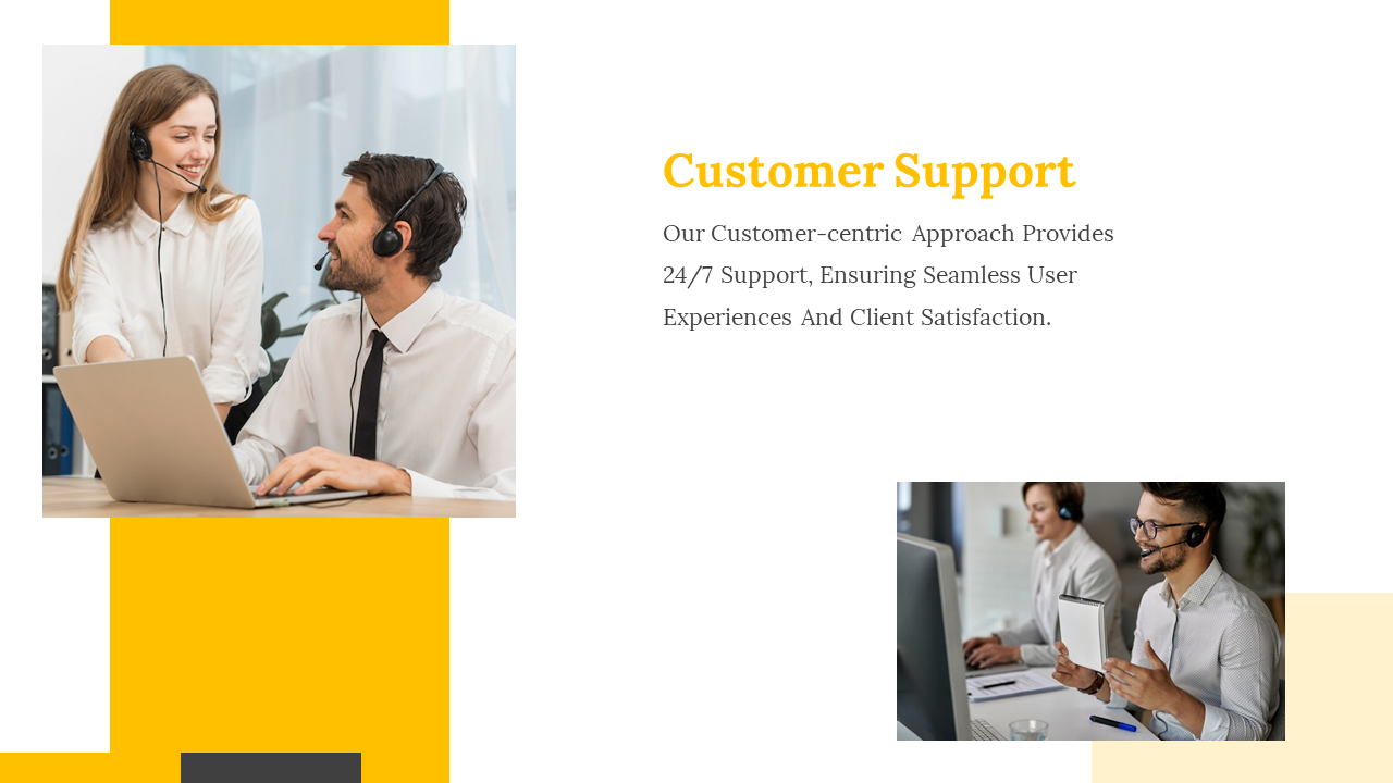 Slide with yellow and white design, featuring two images of call center agents wearing headsets and assisting clients.