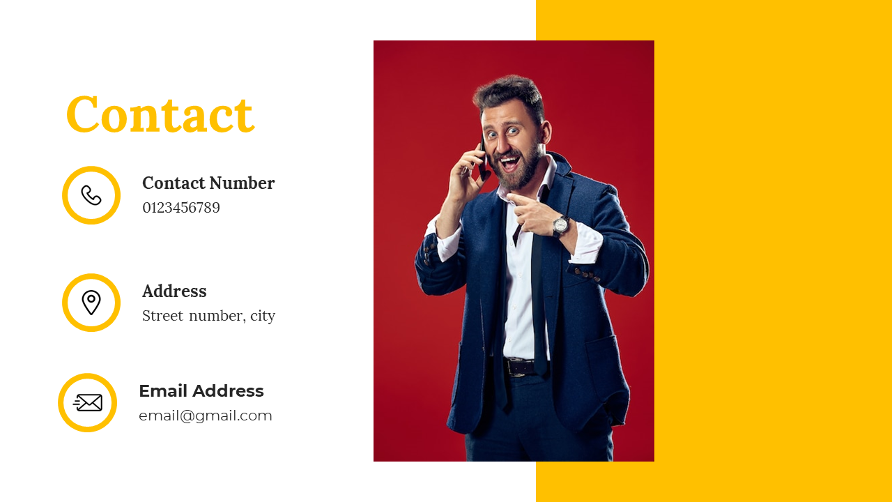 Contact page with yellow and white layout, featuring icons for phone, address, and email, alongside a man on a red backdrop.
