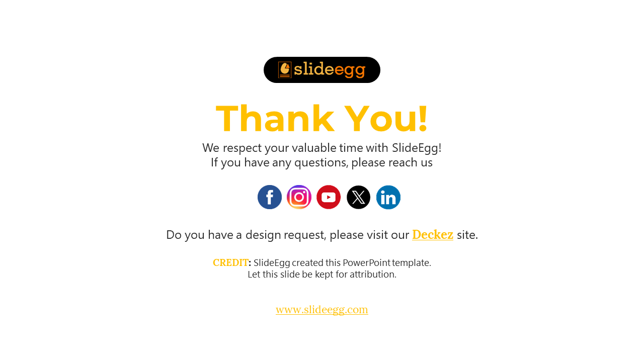 Centered thank you slide with a bold yellow title, black text, social media icons, and a black oval logo at the top.