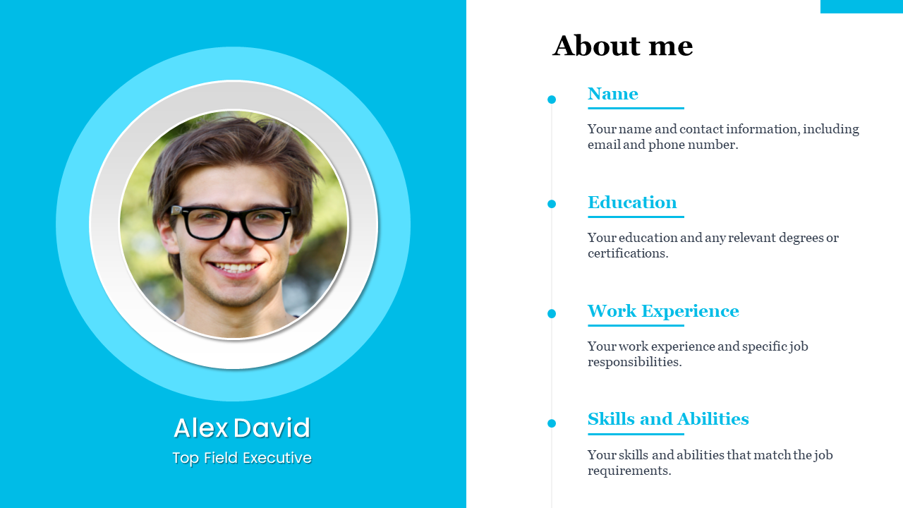 About me slide featuring a portrait with a layered circular frame, on a blue background, and career details on the right.