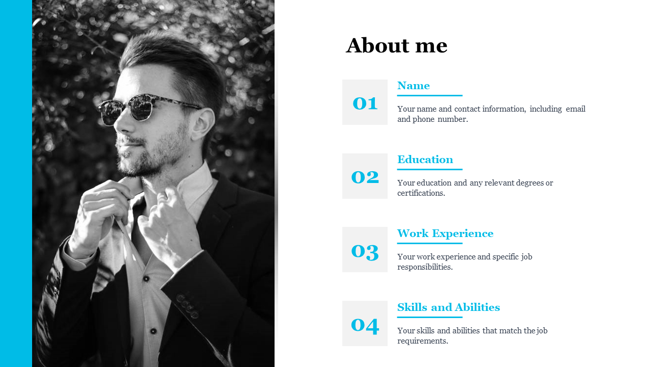 About me slide featuring a monochrome portrait of a man adjusting his suit and four career related sections on the right.