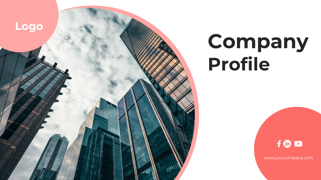 Modern company profile PowerPoint slides with a coral theme, showcasing services, team, and market analysis with images.