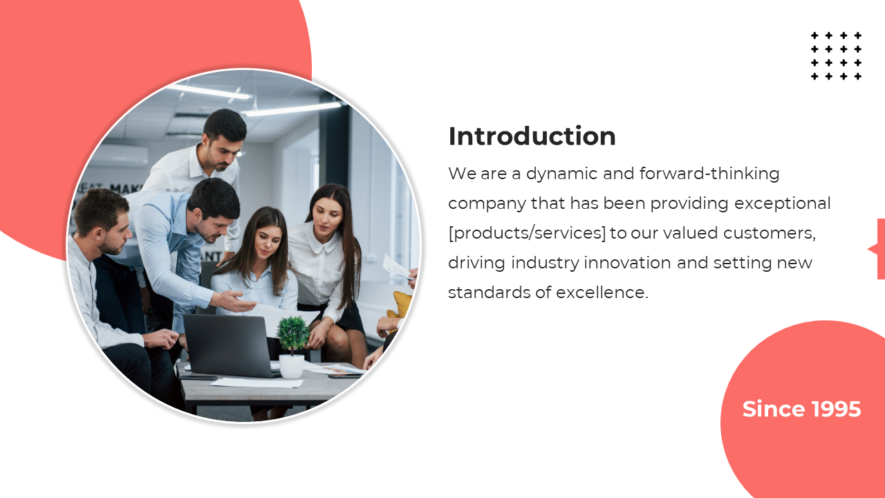 Slide featuring an introduction section with a circular image professional team discussing ideas in a modern office setting.