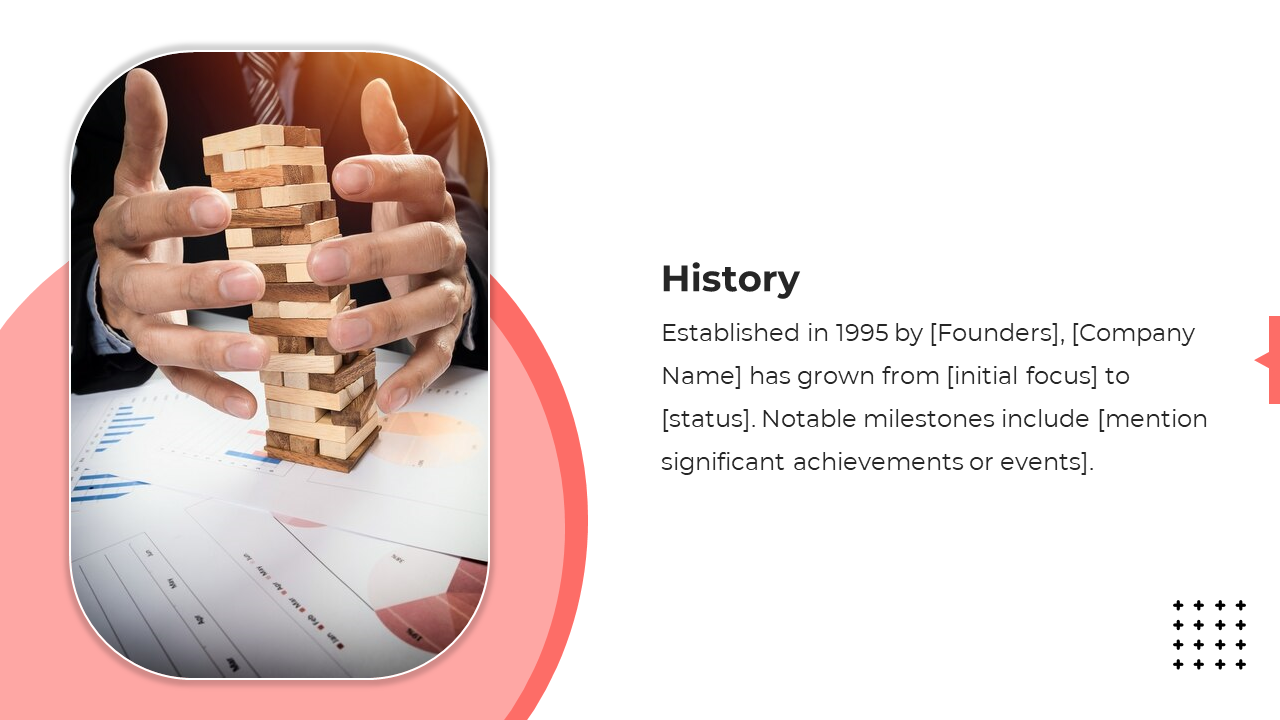 Slide with placeholder text about company growth, and an image of hands stacking wooden blocks over financial charts.