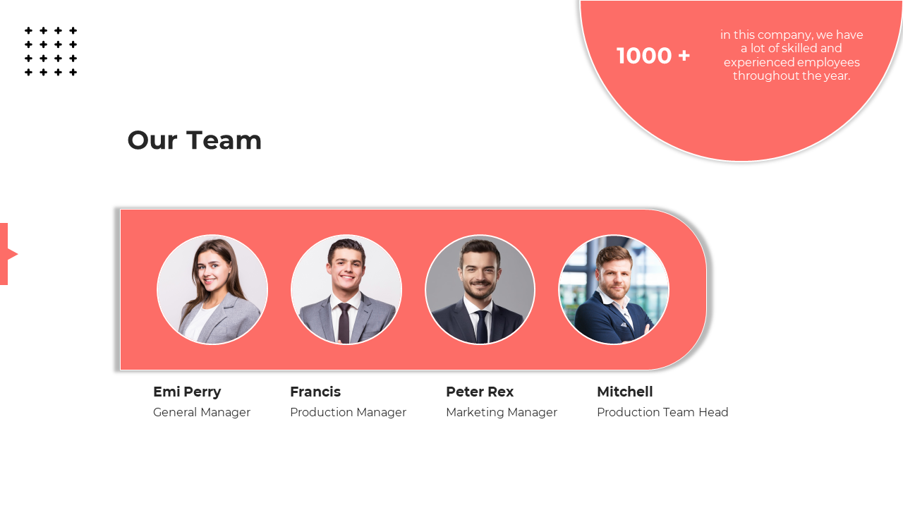 Team introduction slide with four circular portraits on a red rounded rectangle, black text, and a bold statistic at the top.
