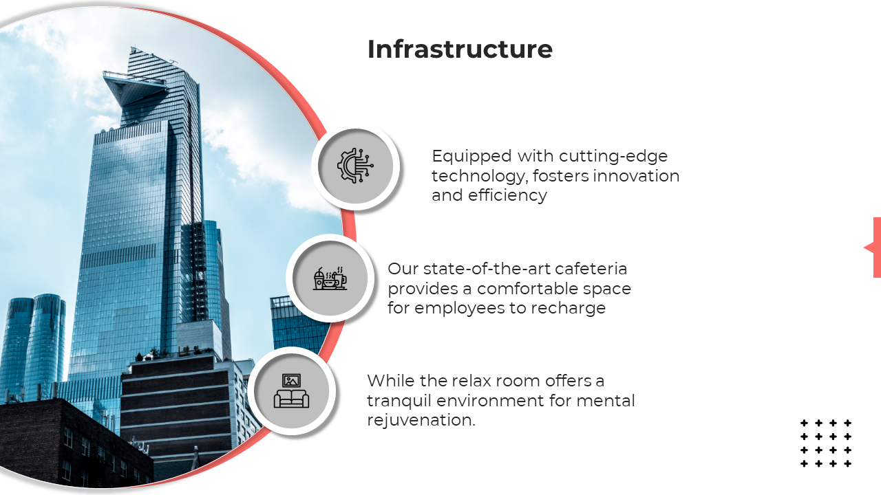 Corporate slide with a large circular image of a glass building, red design elements, and three gray icons with text.