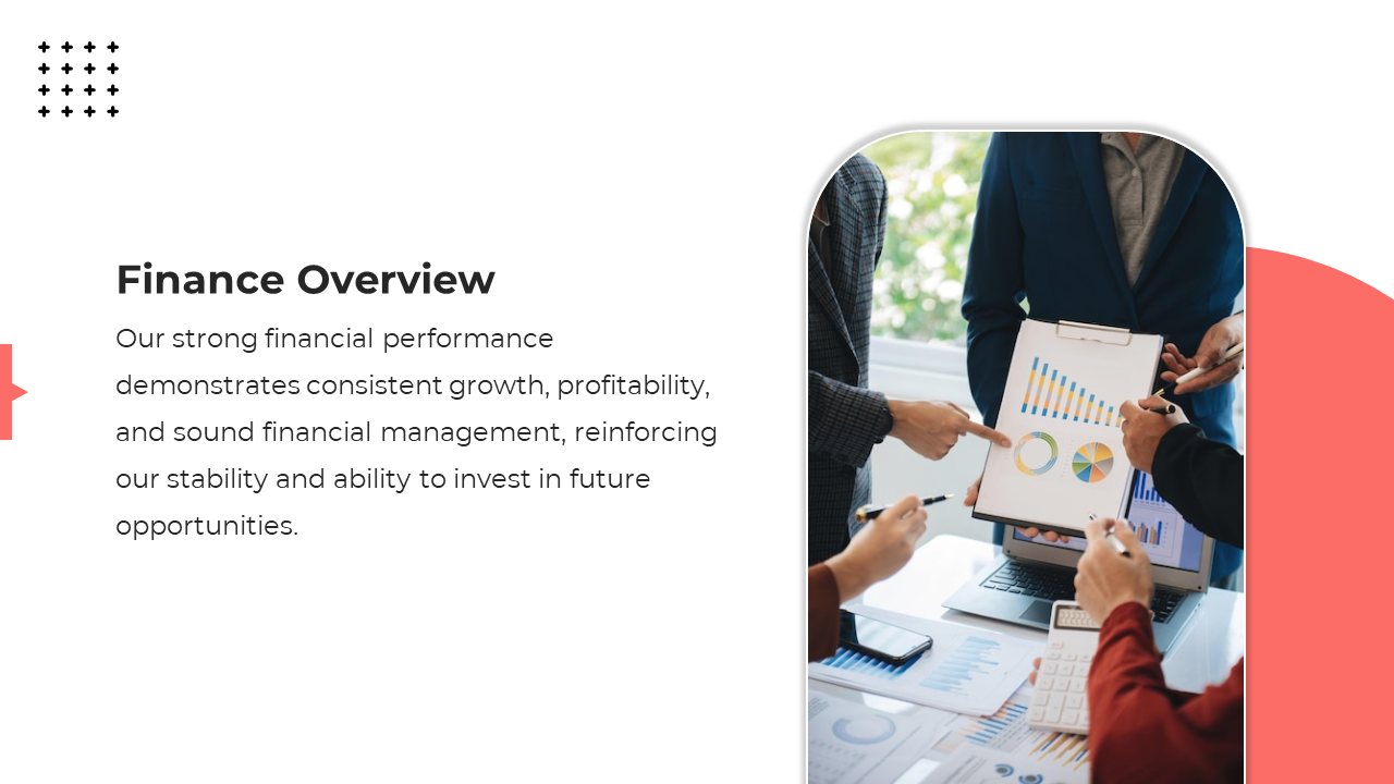 Financial overview slide with structured text on the left and a business team analyzing data charts on the right.