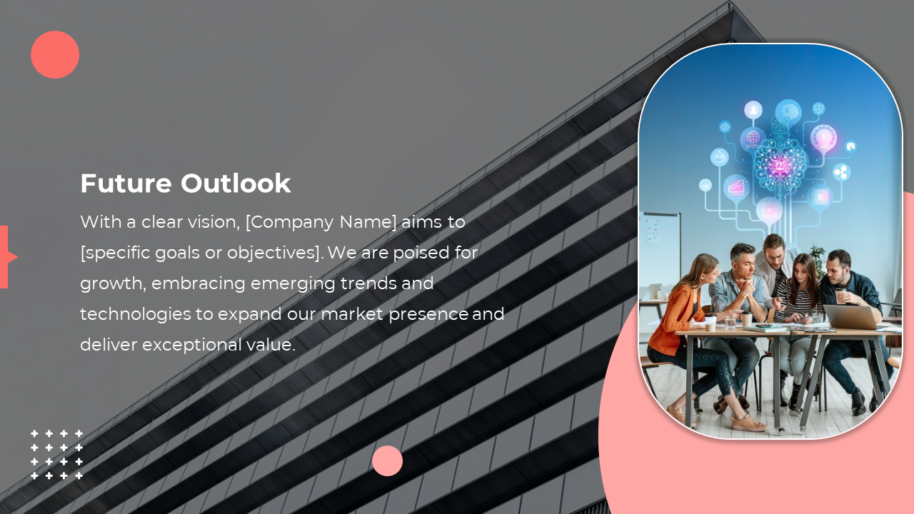 Slide with a dark building background, bold white text, and a rounded image of a team working with AI graphics.