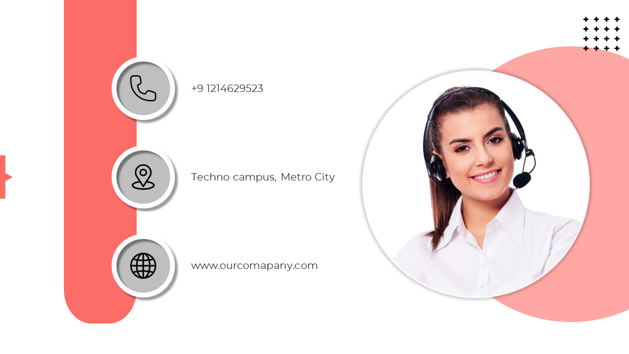 Contact page layout with a white background, red accents, and a circular image of a smiling woman in a headset on the right.