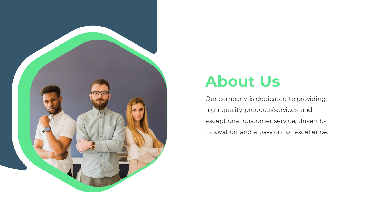 About us slide with a hexagonal image of a diverse team standing confidently against a dark background, outlined in green.
