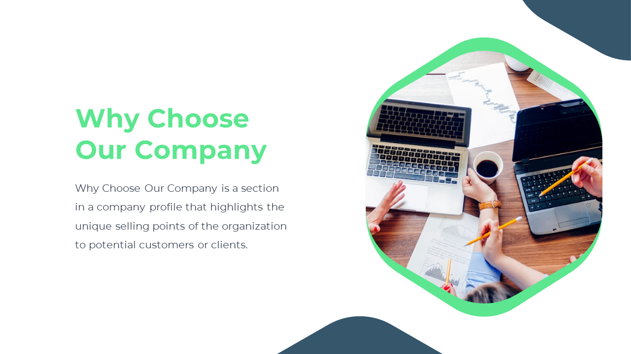 Corporate slide with a green bordered hexagonal image of hands using laptops, charts, and coffee on a wooden desk.
