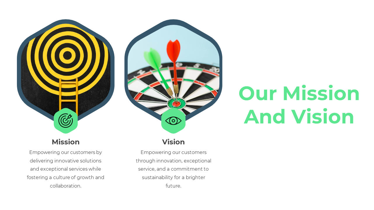 Mission and vision slide with a yellow concentric circle target with a ladder and a dartboard with red and green darts.