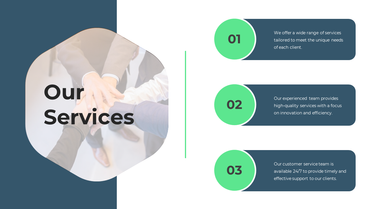 Slide with a semi transparent rounded image overlay, a green vertical divider, and three numbered service descriptions.