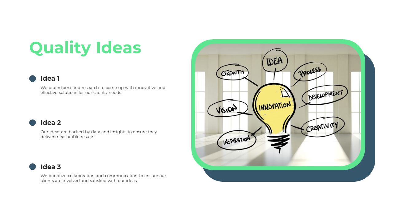 Slide with a green bordered image of a hand drawn yellow lightbulb, and three blue bullet points on the left.