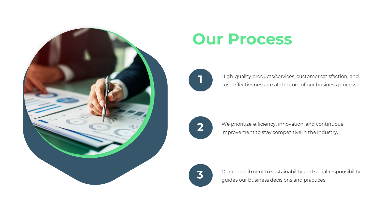 Process slide featuring a circular image of hands analyzing reports and three numbered steps on the right.