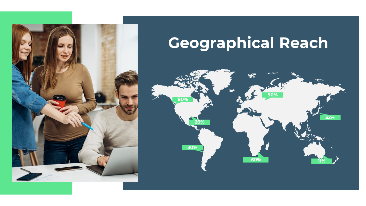 Slide with a white world map and green percentage labels, and a team collaborating in an office setting on the left.