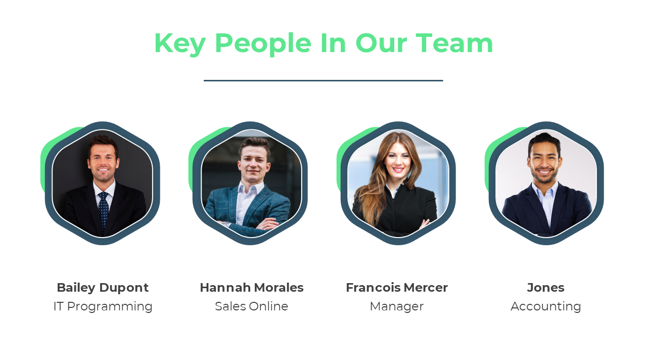 Team introduction slide with hexagonal green accented frames, and four smiling members in business attire.