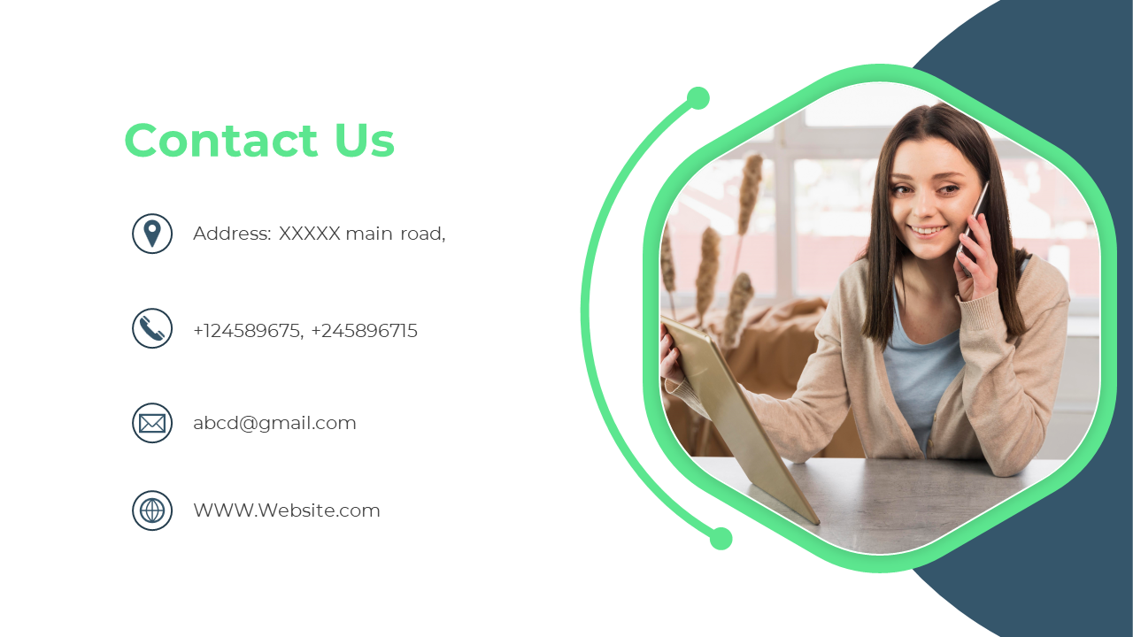 Slide with a green framed hexagonal image of a smiling woman making a call while using a tablet, alongside contact details.