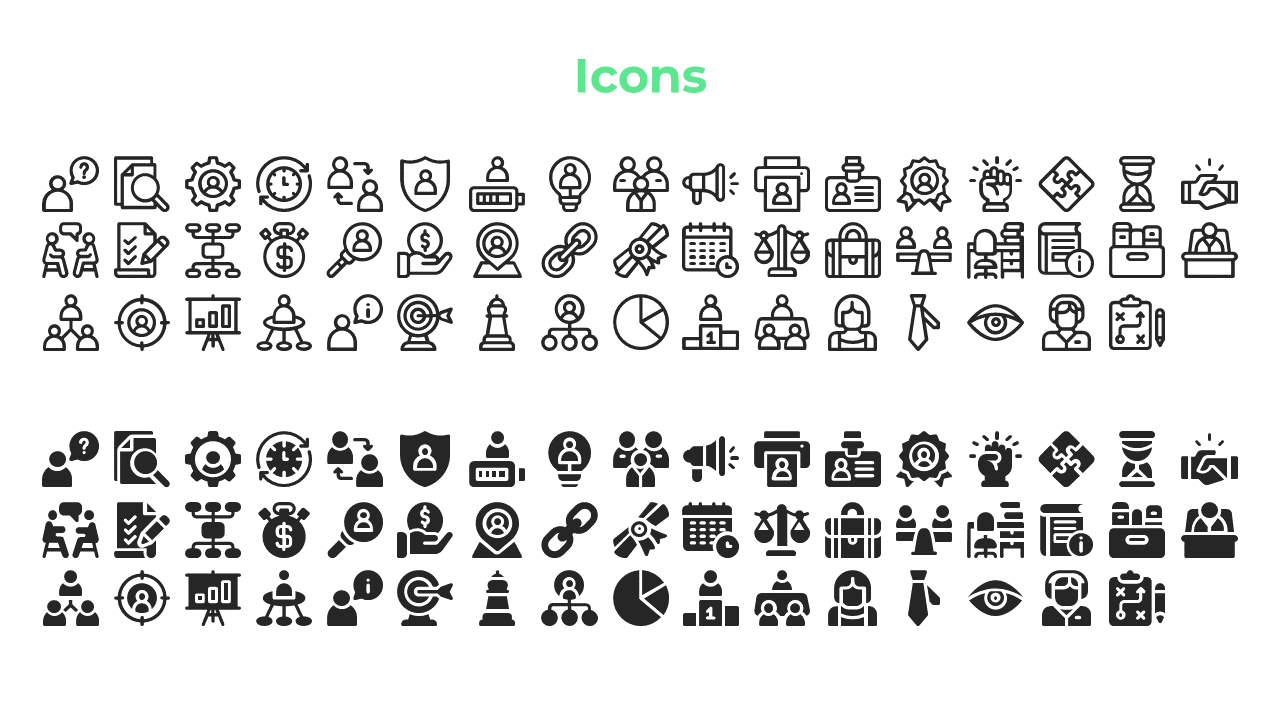 Slide labeled icons featuring various business, management, and finance related symbols in two different design styles.