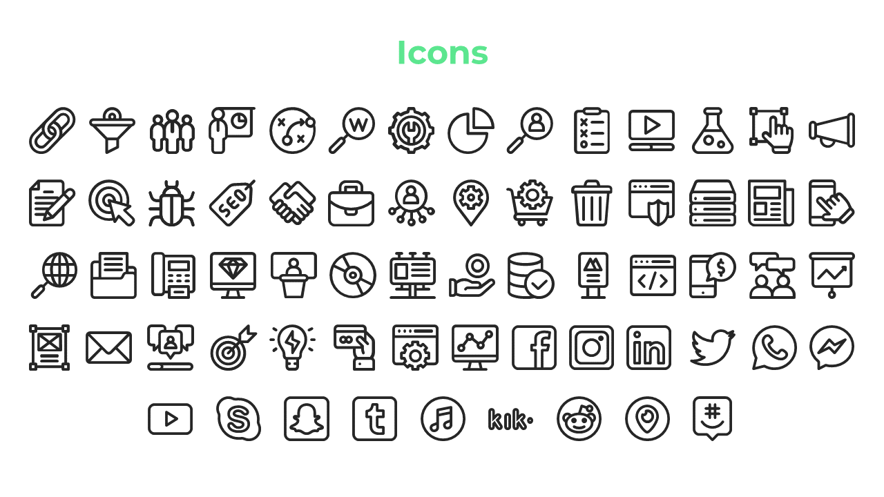 Slide with a white background displaying various black outline icons under a green heading.