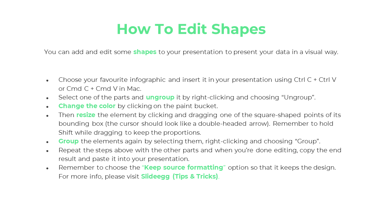 White slide with a green title explaining how to edit shapes in a presentation, with bullet points detailing the steps.