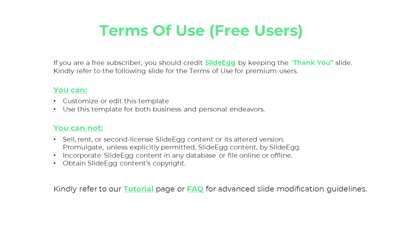 White slide with green and black text, listing the terms of use for free users, including attribution requirements.
